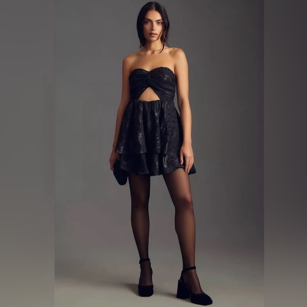 Anthropologie Black Strapless Tiered Mini Dress Cutout Jacquard Party Dress 14
